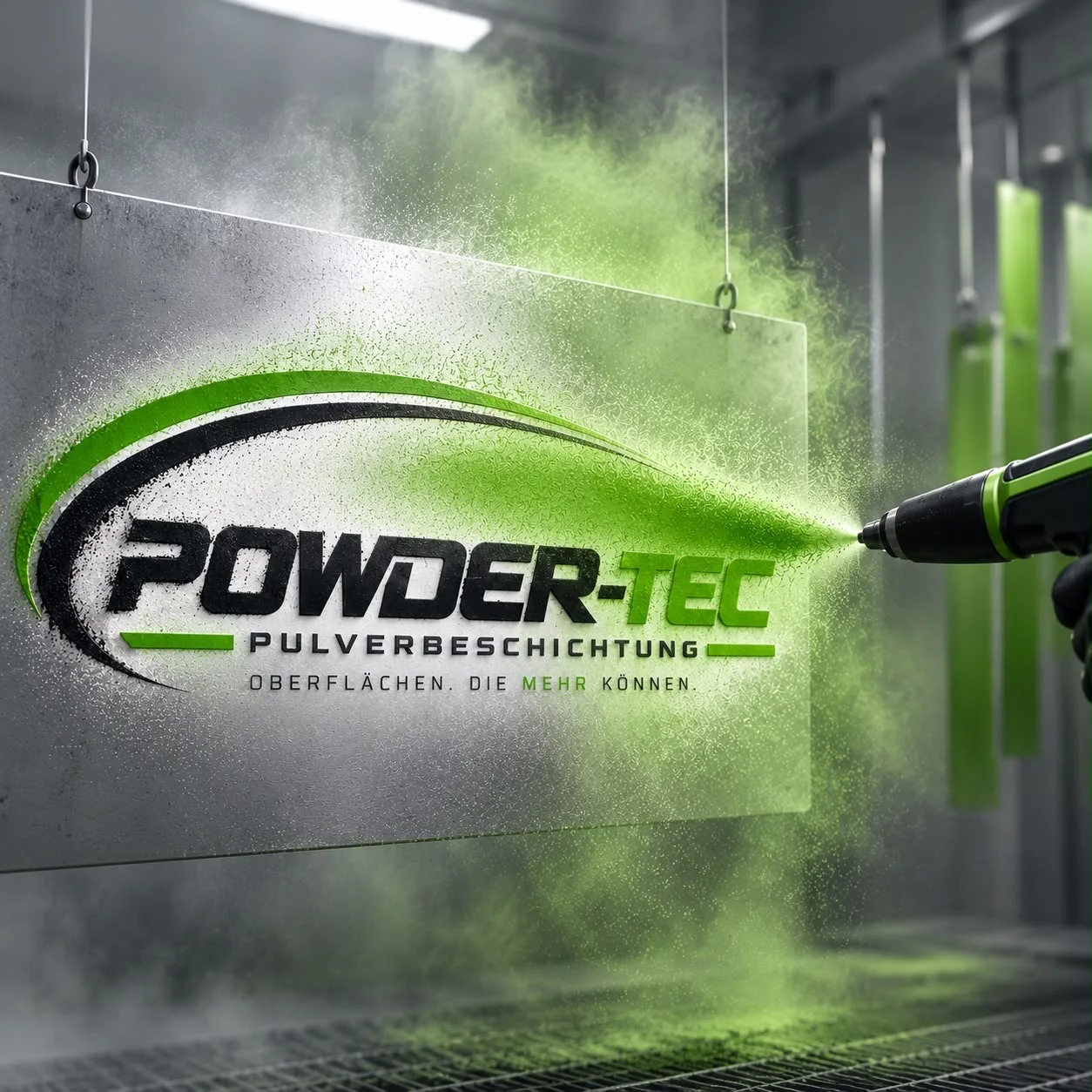 Powder-Tec Markenmotiv mit grünem Pulverlack